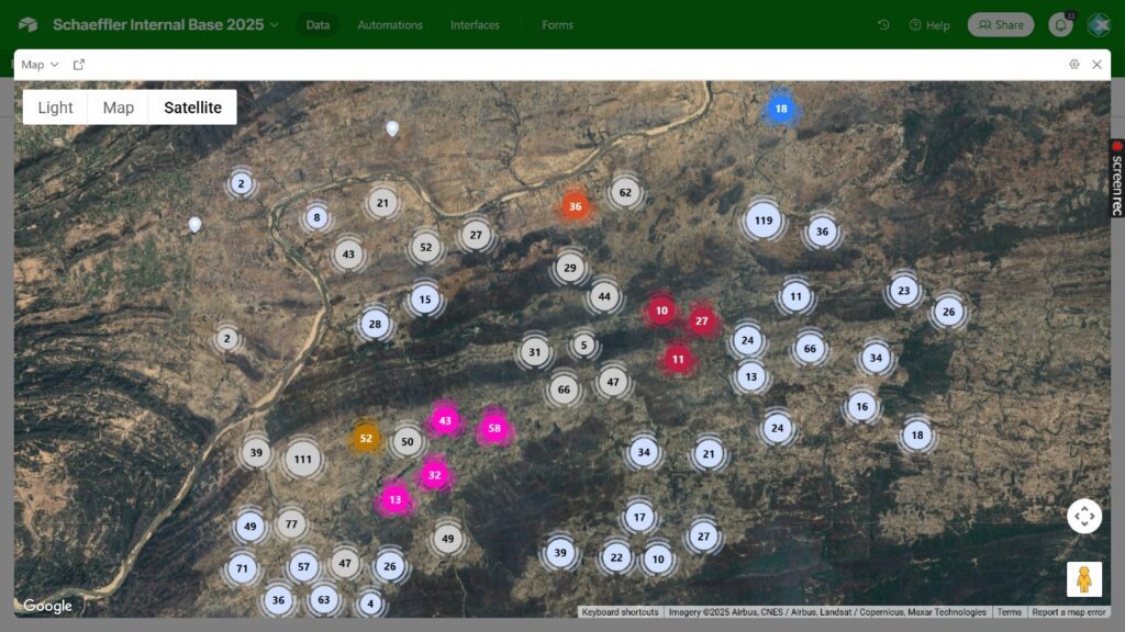 Satellite map showing clustered baseline survey data points for the clean cooking project.