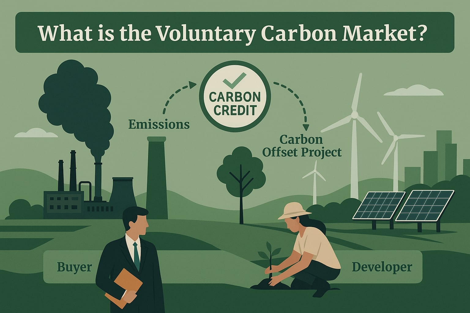 Infographic showing the Voluntary Carbon Market ecosystem with emissions from a factory, a buyer, a developer planting trees, and renewable energy projects, explaining how carbon credits are generated and traded.