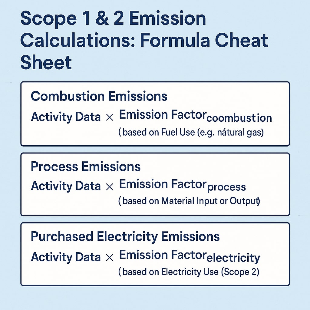 Infographic listing core formulas for combustion, process, and purchased-electricity emissions on a light-blue background.