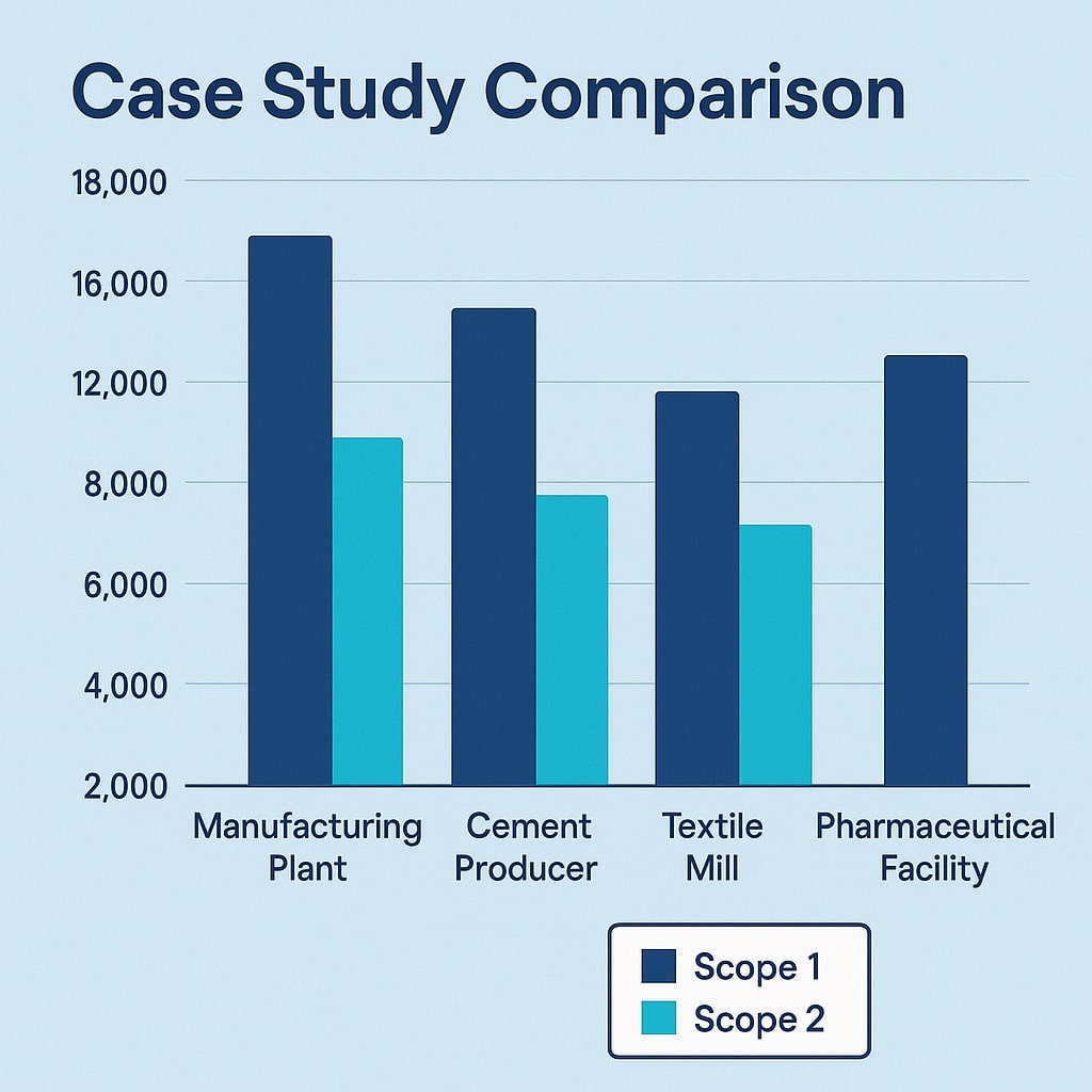 Bar chart comparing Scope 1 and Scope 2 CO₂ emissions across four sample industries (Manufacturing, Cement, Textile, Pharmaceutical).
