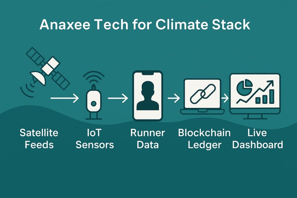 Flowchart showing the five-step Anaxee Tech for Climate stack: Satellite Feeds → IoT Sensors → Runner Data → Blockchain Ledger → Live Dashboard on a teal background.