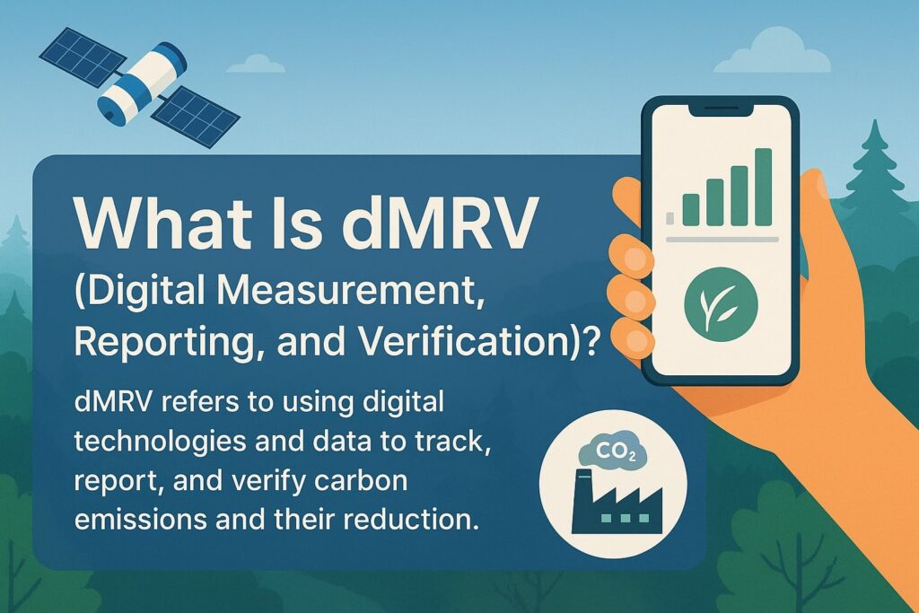 Infographic visualising dMRV definition with satellite, mobile analytics and CO₂-tracking factory icon against nature backdrop.