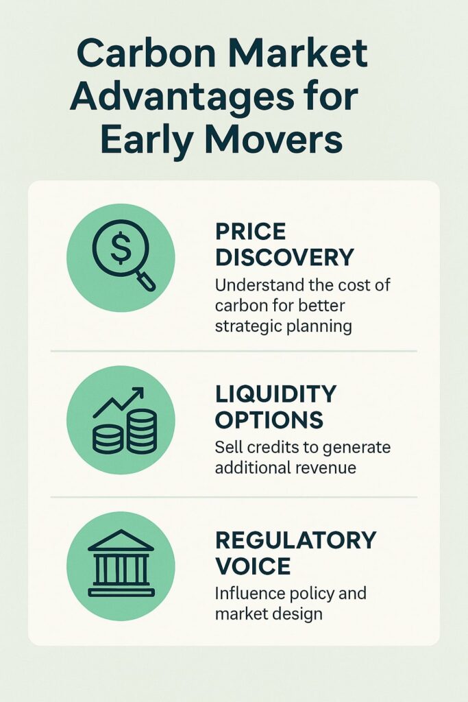 “Vertical infographic on a light mint background titled ‘Carbon Market Advantages for Early Movers,’ featuring three rows with teal circular icons and text blocks: a magnifying-glass-and-dollar icon for ‘Price Discovery,’ stacked-coins-with-arrow icon for ‘Liquidity Options,’ and a courthouse icon for ‘Regulatory Voice.’”
