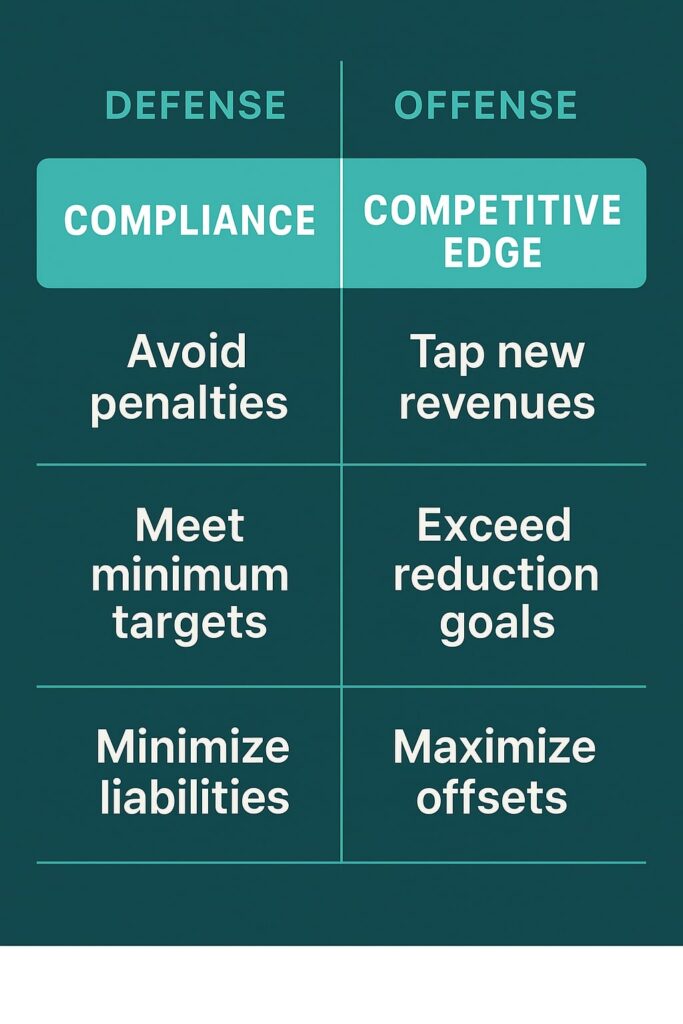 “Two-column infographic on a dark-teal background. Left column (DEFENSE) is labelled ‘Compliance’ and lists ‘Avoid penalties,’ ‘Meet minimum targets,’ ‘Minimize liabilities.’ Right column (OFFENSE) is labelled ‘Competitive Edge’ and lists ‘Tap new revenues,’ ‘Exceed reduction goals,’ ‘Maximize offsets.’ A thin vertical divider separates the columns.”