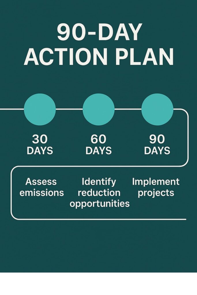 Timeline graphic on a teal background with three evenly spaced teal circles connected by a white line. Each circle is labelled 30, 60, and 90 days respectively. Below, a rectangular callout links the circles to actions: ‘Assess emissions,’ ‘Identify reduction opportunities,’ and ‘Implement projects.’ Title at top reads ‘90-DAY ACTION PLAN.
