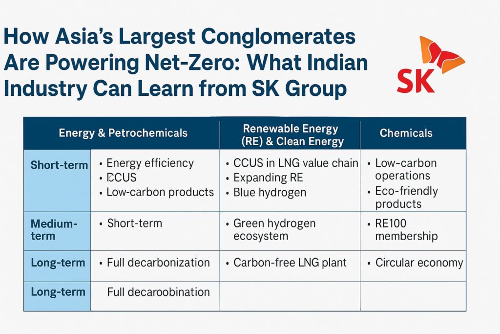 A three-column infographic showing SK Group’s short-, medium-, and long-term climate strategies across Energy & Petrochemicals, Renewable Energy & Clean Energy, and Chemicals. Each cell lists decarbonization actions like CCUS, blue hydrogen, RE100 membership, and circular economy integration, under a bold title referencing lessons for Indian industry.