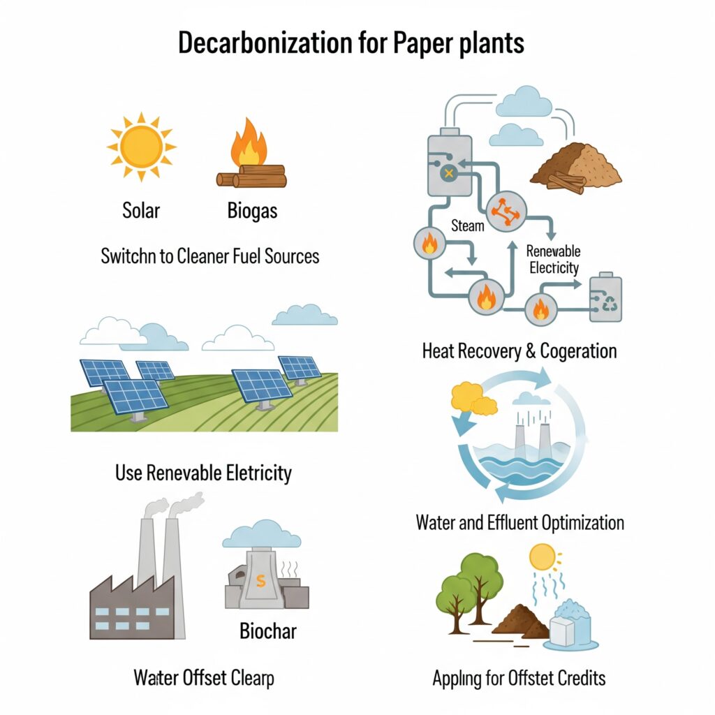 An infographic detailing decarbonization strategies for paper plants, including switching to cleaner fuel (solar, biogas), heat recovery and cogeneration, using renewable electricity, water and effluent optimization, and applying for offset credits.