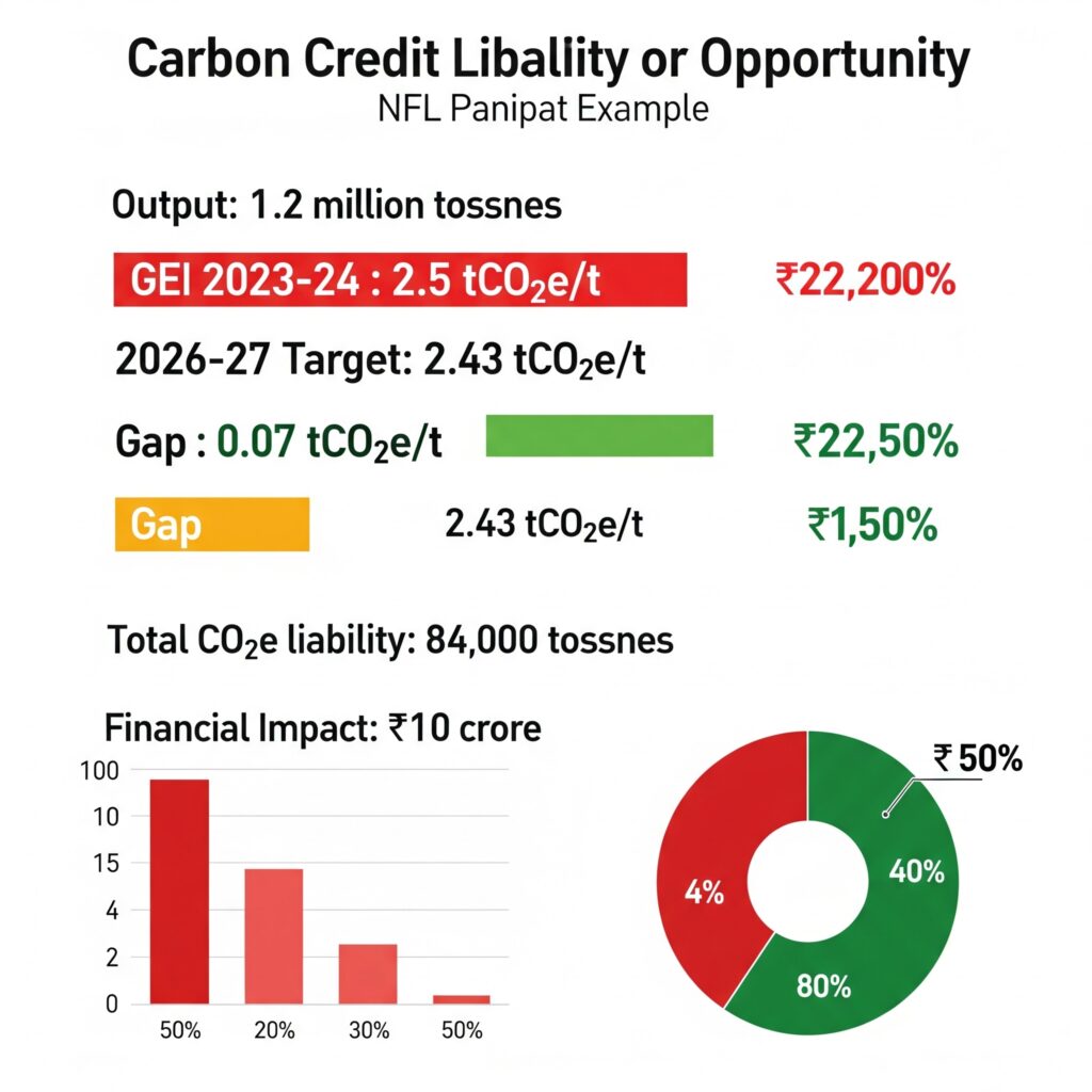 A visual representation of the carbon credit liability or opportunity using the NFL Panipat example. This could be a before-and-after visual or a calculation breakdown showing "Output," "Baseline GEI," "Target GEI," "Gap," "Total CO2e Liability," and "Financial Impact (Cost/Revenue)." Use clear numbers and potentially a red/green color scheme to indicate cost vs. opportunity.