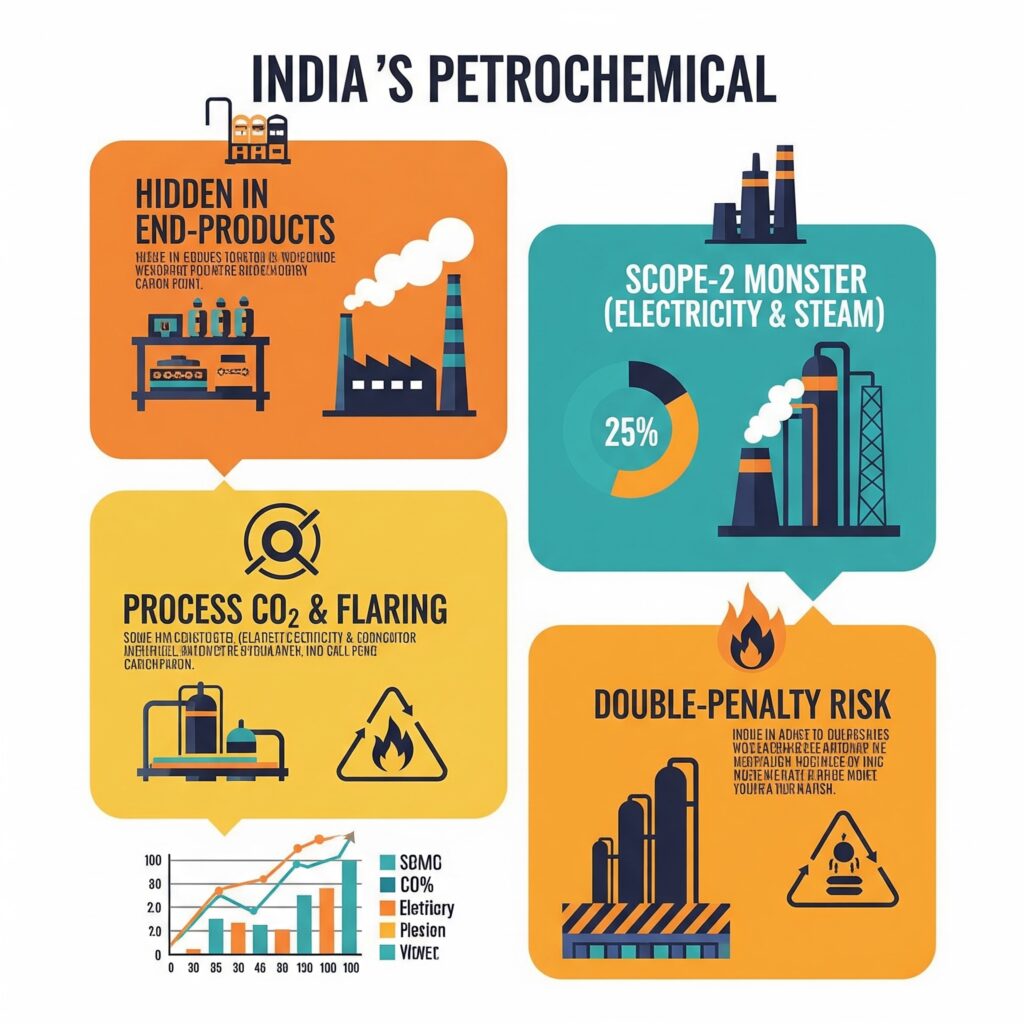  An infographic illustrating the components of India's petrochemical carbon footprint, with sections for "Hidden in End-Products," "Scope-2 Monster (Electricity & Steam)," "Process CO2 & Flaring," and "Double-Penalty Risk." Each section could have an illustrative icon.