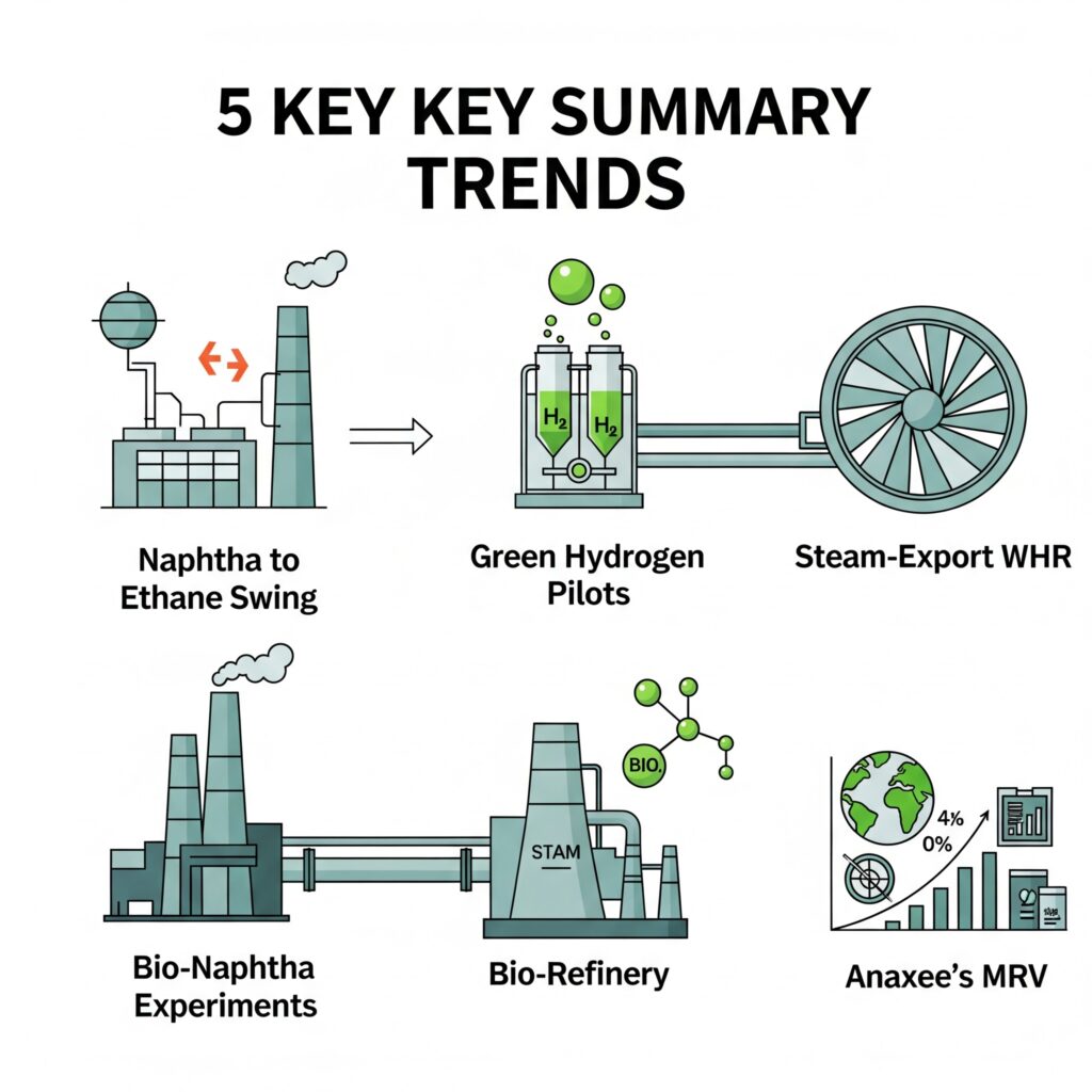  A visual summary highlighting the five key trends dominating boardroom discussions in India's petrochemical sector for 2025: Naphtha to Ethane Swing, Green Hydrogen Pilots, Steam-Export WHR, Bio-Naphtha Experiments, and Anaxee's MRV. Each point could have a distinct icon.