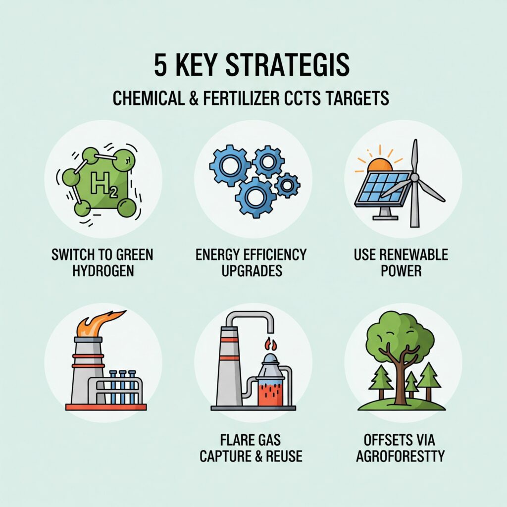An infographic showcasing the five key strategies for chemical and fertilizer plants to meet their CCTS targets. Each strategy should have a dedicated section with an icon: "Switch to Green Hydrogen" (e.g., a green H2 molecule), "Energy Efficiency Upgrades" (e.g., gears or a lightbulb), "Use Renewable Power" (e.g., a solar panel or wind turbine), "Flare Gas Capture & Reuse" (e.g., a flare stack with a capture system), and "Offsets via Agroforestry" (e.g., a tree or forest).