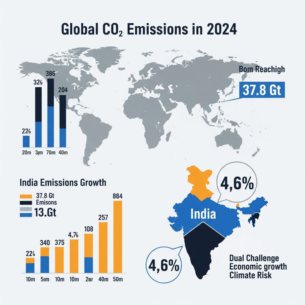 37.8 Gt CO₂ in 2024. India's emissions grew 4.6%, reflecting dual challenges: growth and climate risk.
