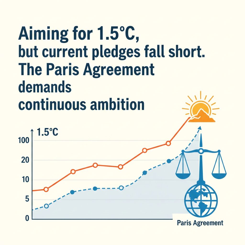 Aiming for 1.5°C, but current pledges fall short. The Paris Agreement demands continuous ambition.