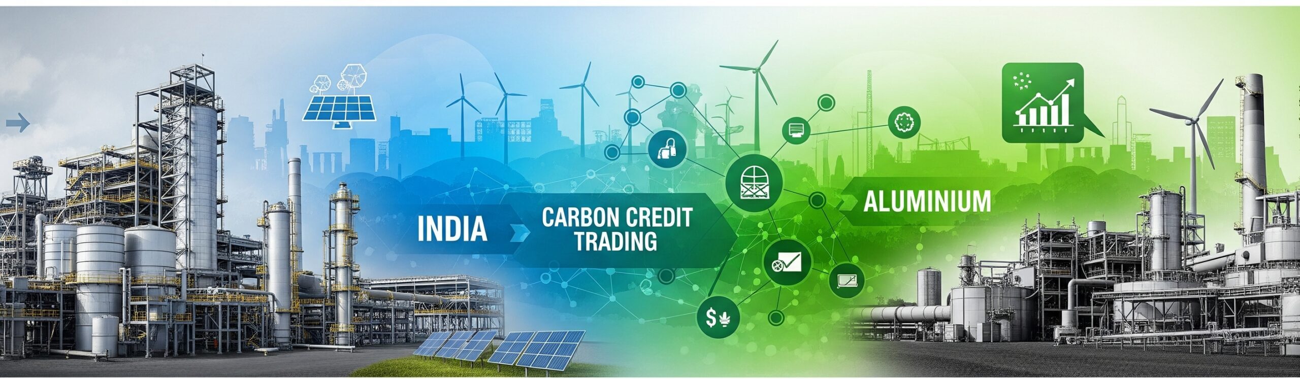 A wide banner showing an industrial aluminium plant on the left transitioning into green energy symbols like solar panels and wind turbines on the right, with "INDIA CARBON CREDIT TRADING" written in the center.