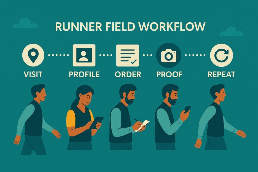 Anaxee GO to Market Workflow, Digital runner Mapping, Profiling, Taking Orders, digital proofing, and repeating the cycle