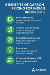 Infographic titled “5 Benefits of Carbon Pricing for Indian Businesses” summarising advantages—drives efficiency, attracts green finance, boosts export competitiveness, sparks innovation, and funds community projects—using simple green icons against a blue background with Anaxee logo.