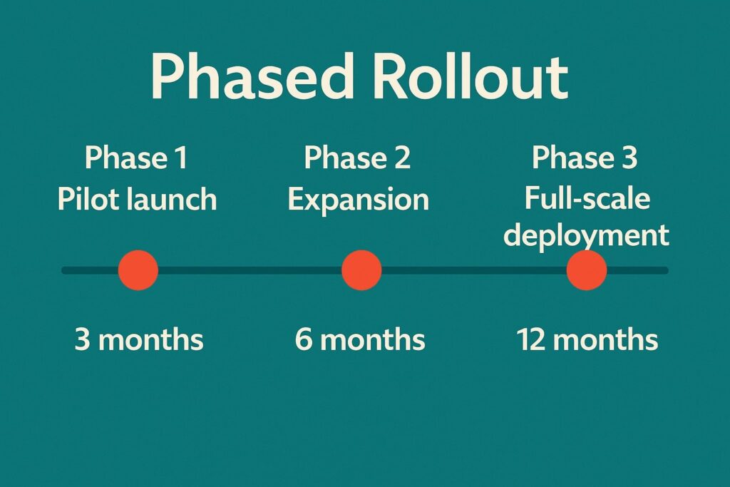 Teal timeline with Phase 1 Pilot, Phase 2 Expansion and Phase 3 Full-Scale Deployment markers