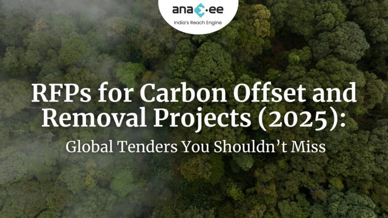 Aerial view of dense green forest with overlay text highlighting 2025 RFPs for carbon offset and removal projects, indicating global climate funding opportunities featured by Anaxee
