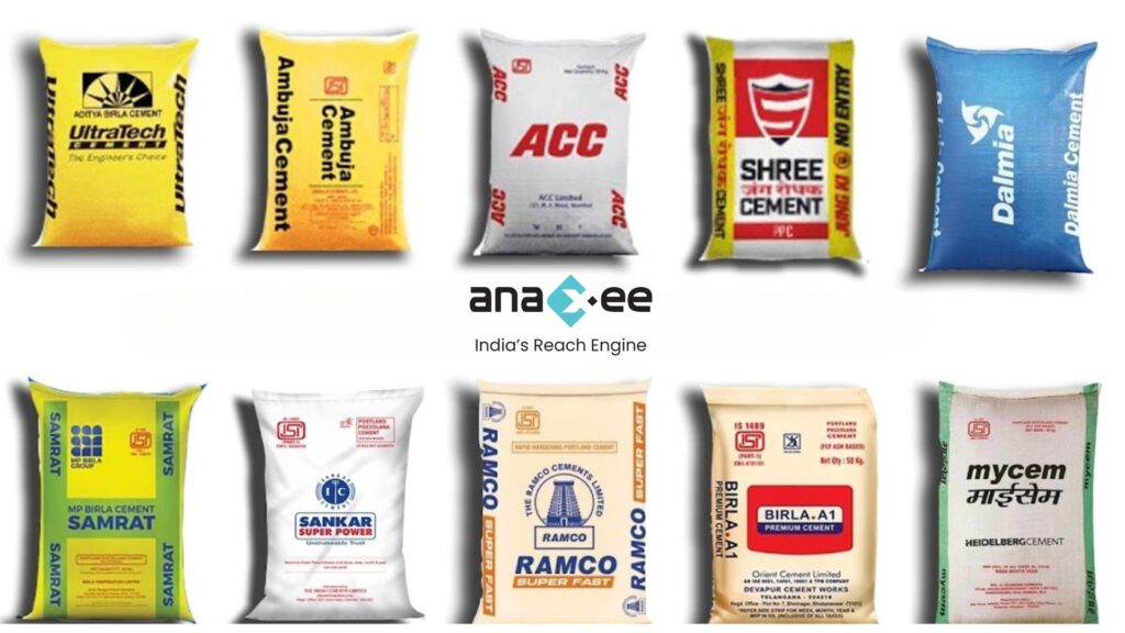 Graphic showing assorted cement bags—UltraTech, Ambuja, ACC, Shree, Dalmia, Birla Samrat, Sankar, Ramco, Birla A1, Mycem—arranged around the Anaxee logo.