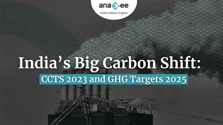 Banner showing industrial chimneys emitting smoke with the title “India’s Big Carbon Shift: CCTS 2023 and GHG Targets 2025,” representing India’s transition towards carbon regulation and emission intensity goals under the new compliance carbon market.