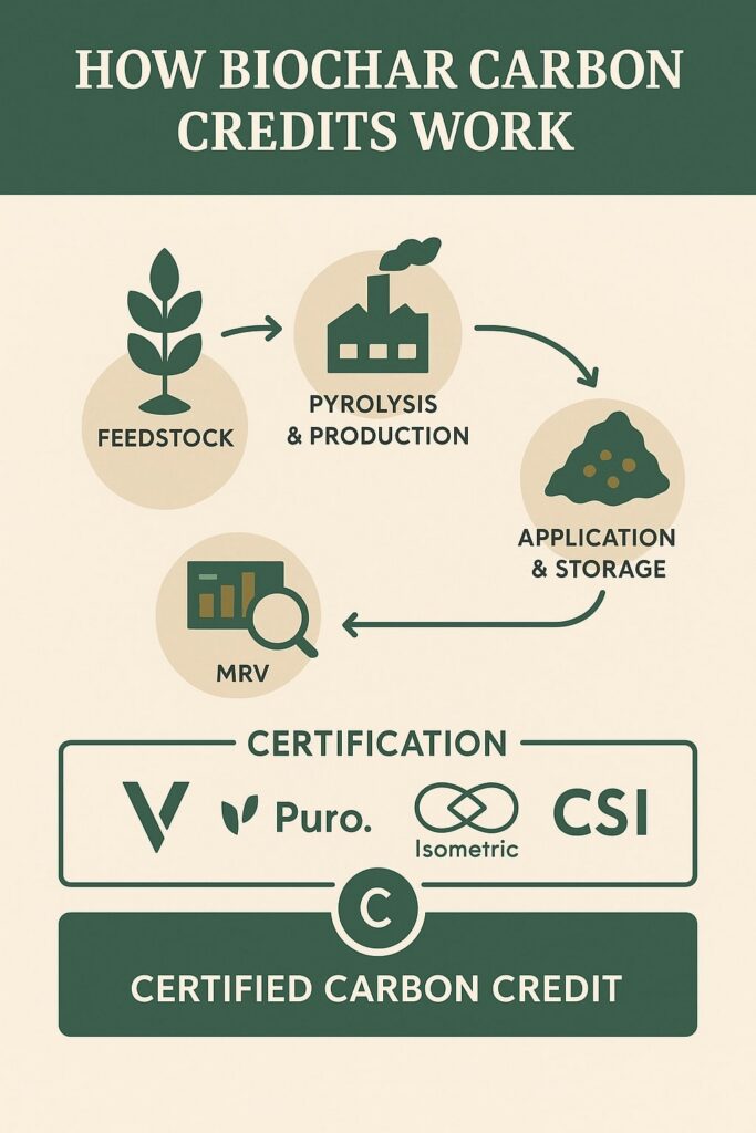 Flowchart showing Feedstock → Pyrolysis → Application → MRV → Certification (Verra, Puro, Isometric, CSI) → Certified Carbon Credit.