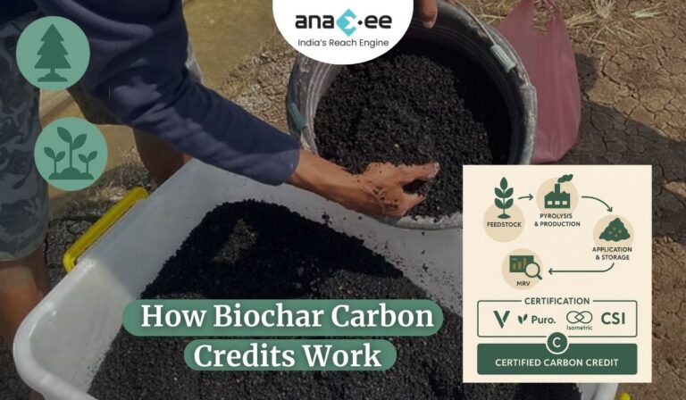 Person handling biochar during production process, with infographic showing the biochar carbon credit cycle: feedstock, pyrolysis, application, MRV, and certification.