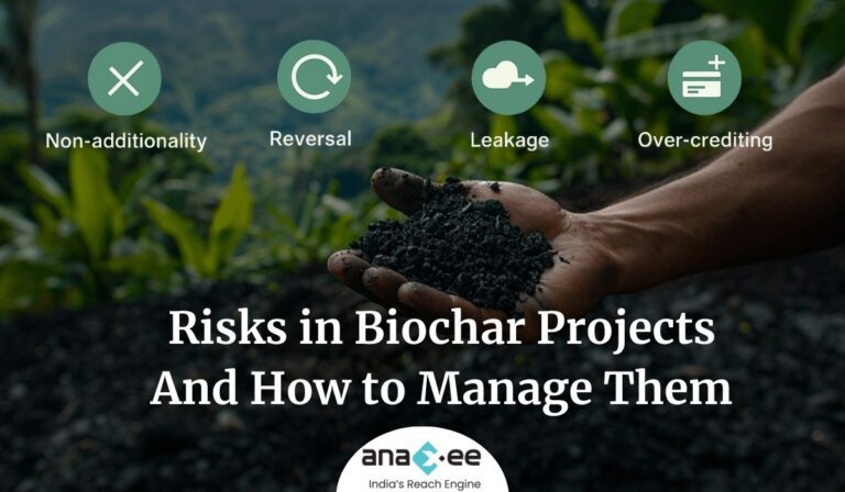 Hand holding biochar with icons highlighting key risks: non-additionality, reversal, leakage, and over-crediting in biochar projects.