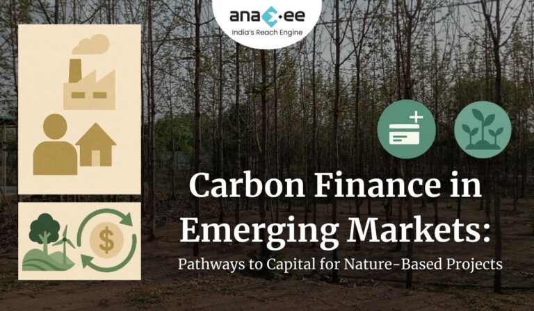 Featured image showing icons of industry, community, finance, and sustainability with a background of tree plantations, representing carbon finance opportunities in emerging markets.
