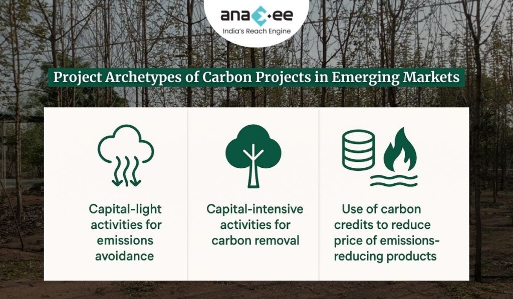 Infographic showing three archetypes of carbon projects in emerging markets — capital-light activities for emissions avoidance, capital-intensive activities for carbon removal, and use of carbon credits to reduce the price of emissions-reducing products.