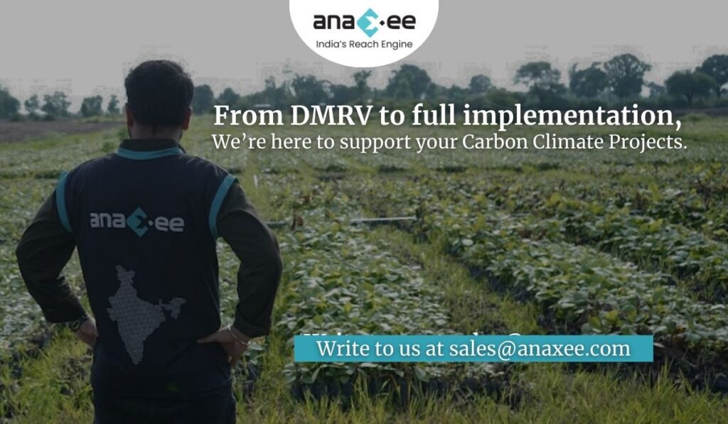 Graphic showing an Anaxee team member standing in a plantation field with text highlighting Anaxee’s support for carbon climate projects from dMRV to full implementation.