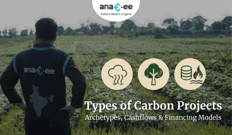 Featured image showing an Anaxee team member in a plantation field with icons representing different carbon project types — emissions avoidance, carbon removal, and product-linked models.