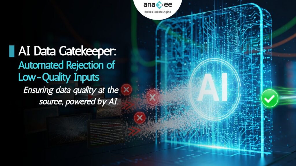Futuristic AI system rejecting low-quality data inputs with red error icons, ensuring only verified quality data passes through.