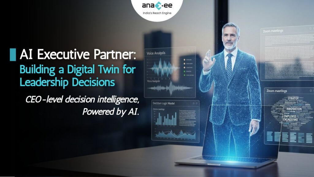 Digital hologram of a CEO interacting with AI-driven dashboards and decision intelligence tools for leadership support.