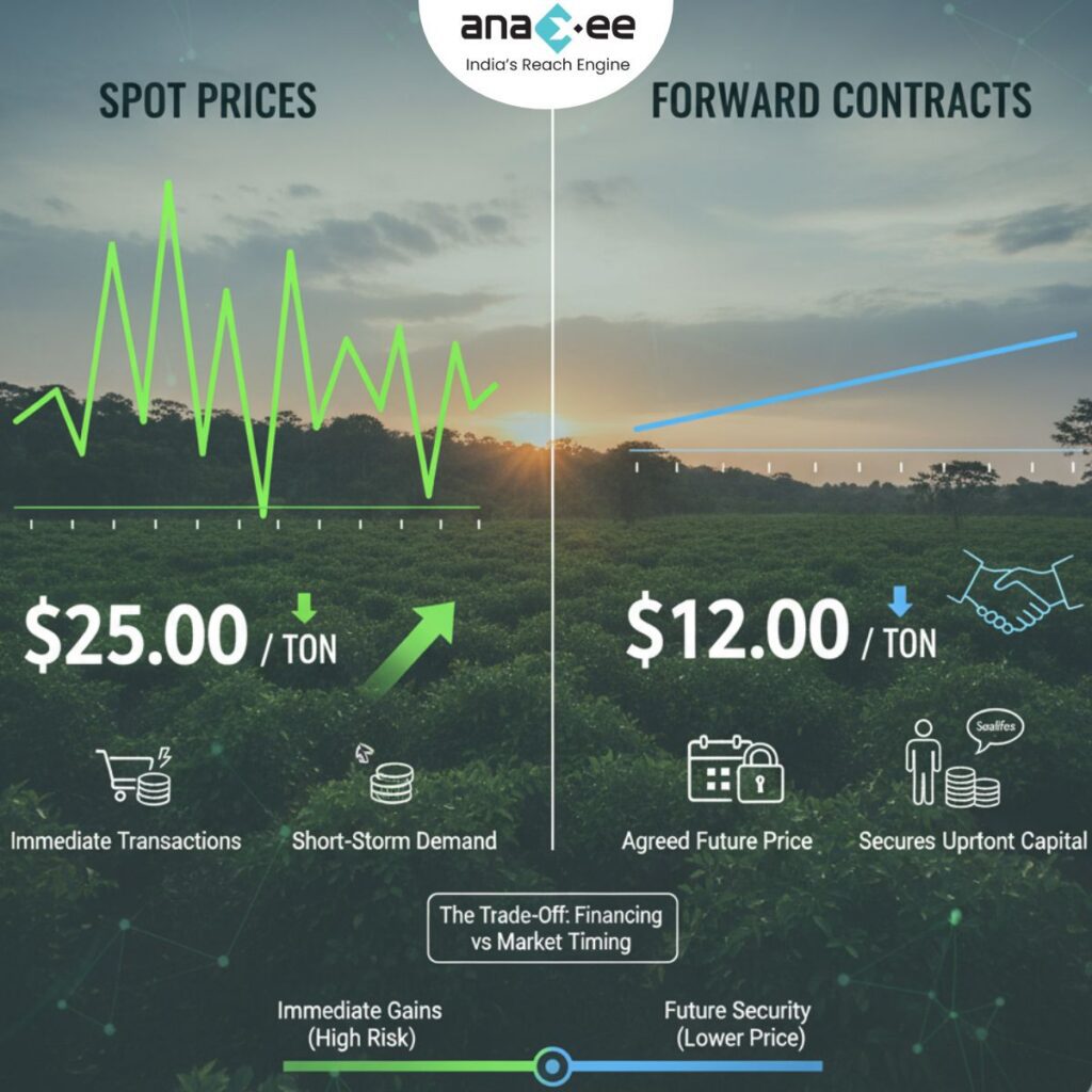 Infographic comparing spot carbon credit prices at $25/ton with forward contract prices at $12/ton, showing the trade-off between immediate high-risk gains and future lower-price security with upfront capital.