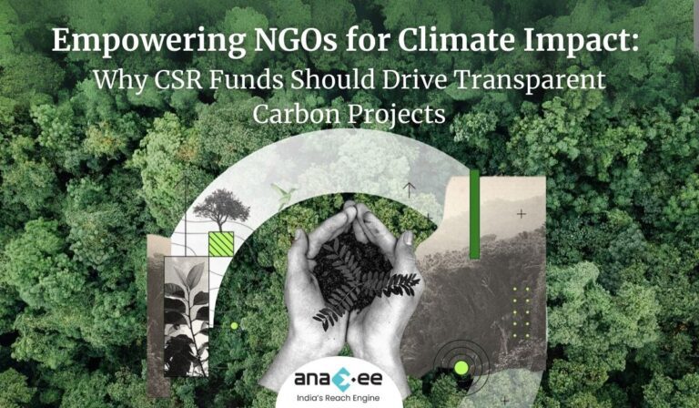 Hands holding a small sapling over a green forest canopy with abstract eco-tech elements, symbolizing CSR funds empowering NGOs for transparent climate and carbon projects, featuring Anaxee’s branding.