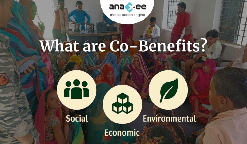 Anaxee’s rural community meeting illustrating the three co-benefits of carbon projects: social empowerment, economic inclusion, and environmental restoration.