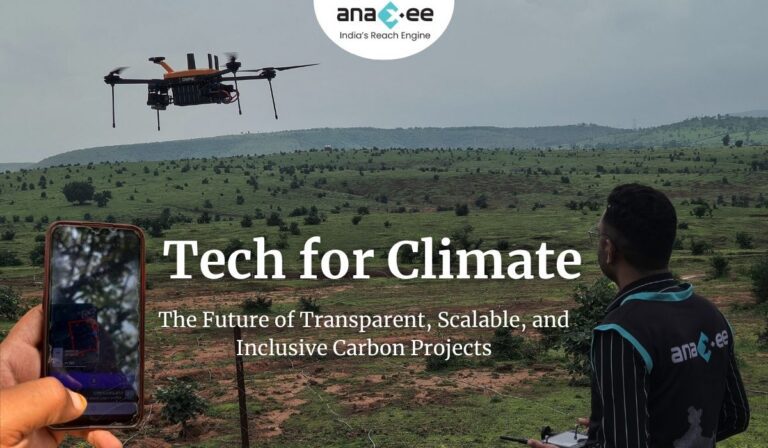 “Anaxee field professional operating a drone and mobile-based dMRV tool to monitor afforestation progress across a green landscape — representing technology-driven carbon project transparency in India.”
